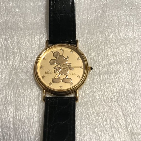 Vintage Disney Mickey Mouse gold face watch by Lorus w/ black watch band main image 7